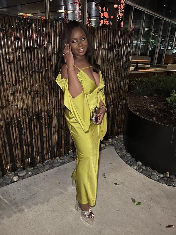 green emerald velvet dress ASOS DESIGN Bare Shoulder Prom Scuba Midi Dress In Forest Green