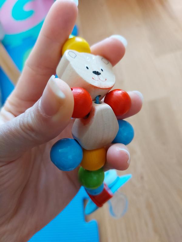 Baby Schnullerkette Babyspielzeug solini Teddybär Holz mit Clip natur/bunt neu b 