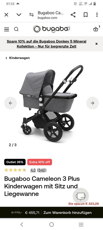 Bugaboo Cameleon 3 Plus seat and carrycot pushchair Black sun canopy black fabrics black chassis Bugaboo