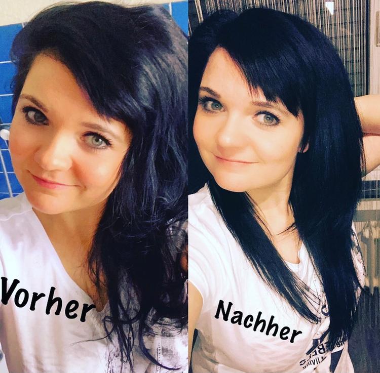 Vorher Nachher Bild. Haare sehen viel gepflegter aus.