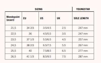 Dynafit ski boot size on sale chart