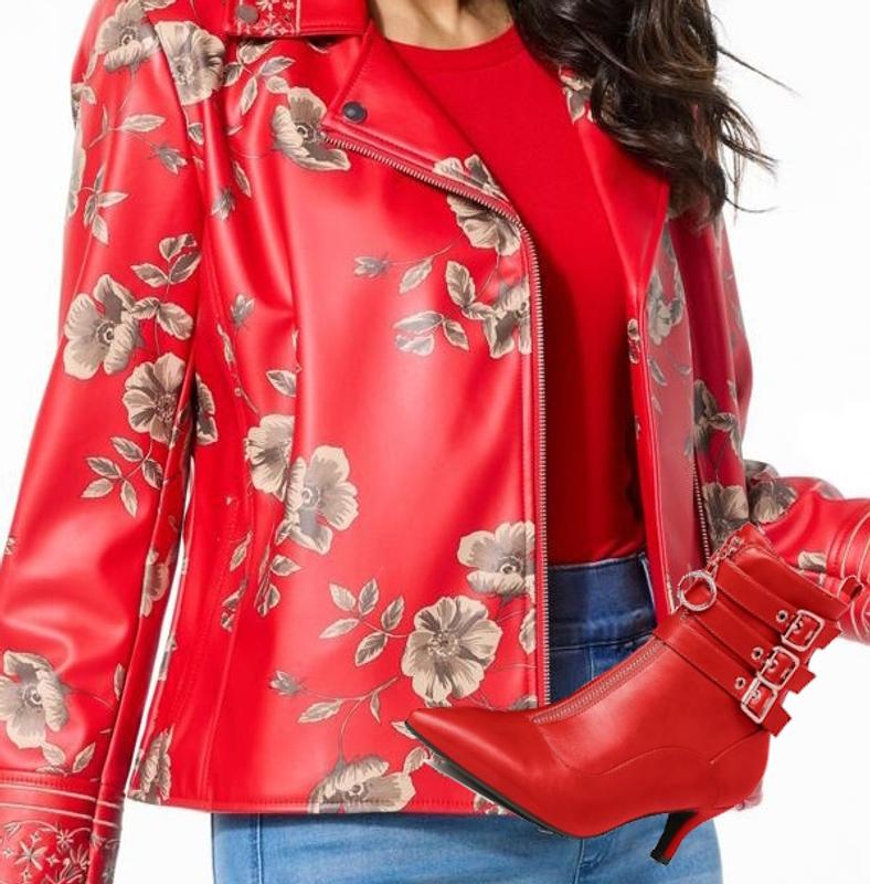 Colleen Lopez Embroidered Faux Leather and Print Moto Jacket