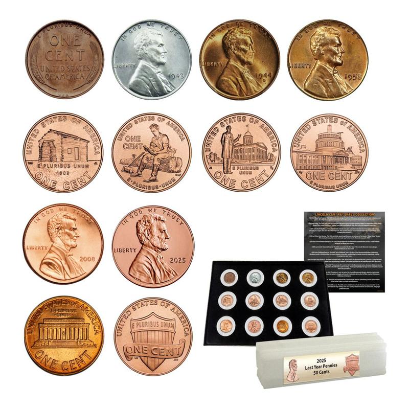 Set of 12 History of Lincoln Cents and 2025 Cent Roll of 50