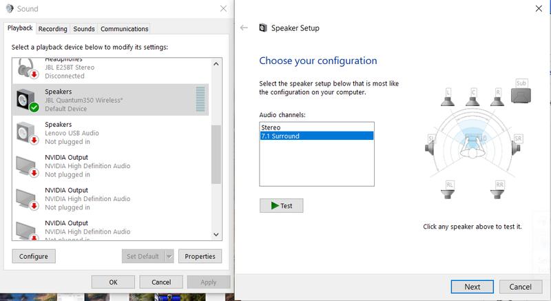 With quantum driver installed; configuration of 7.1 surround