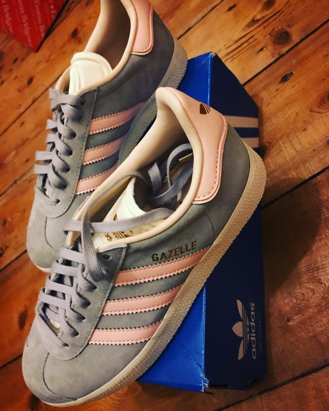 womens grey and pink gazelles