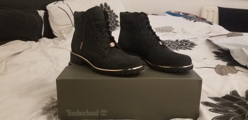 womens black and rose gold timberlands