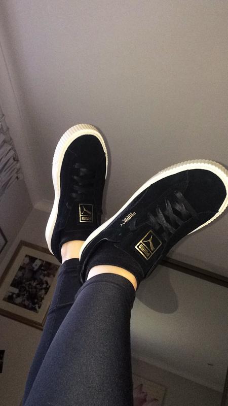 puma suede platform trainers black gold satin