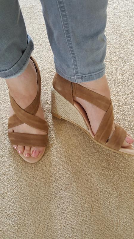 Office Maiden Cross Strap Wedges Camel Suede Mid Heels