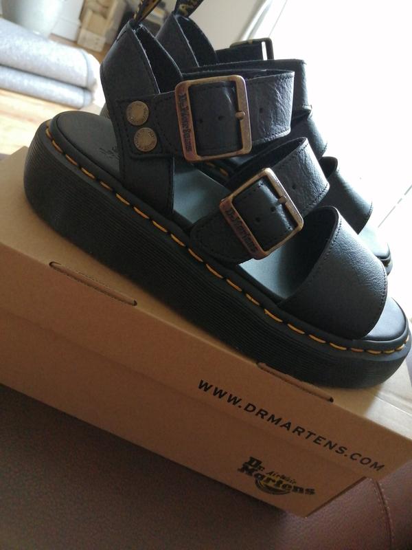 dr martens gryphon quad leather chunky sandals with gold hardware in black