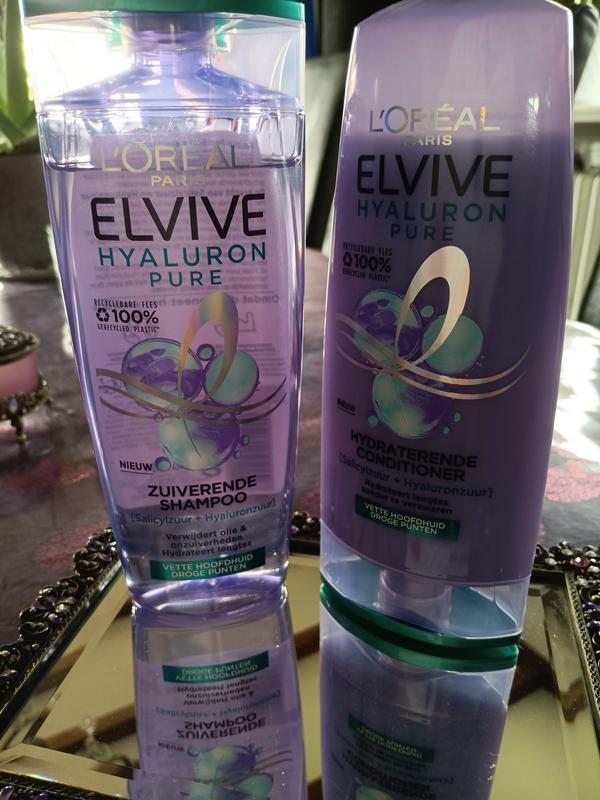 Links : Zuiverende Shampoo Elvive Hyaluron Pure - Rechts : Hydraterende Conditioner Elvive Hyaluron Pure