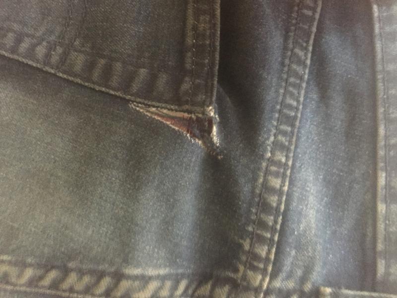 all three jeans tore in same place
