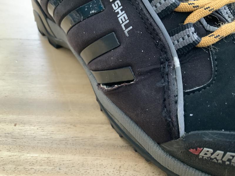 This my old pair: frayed and unstitched at the side (due to snowshoes)