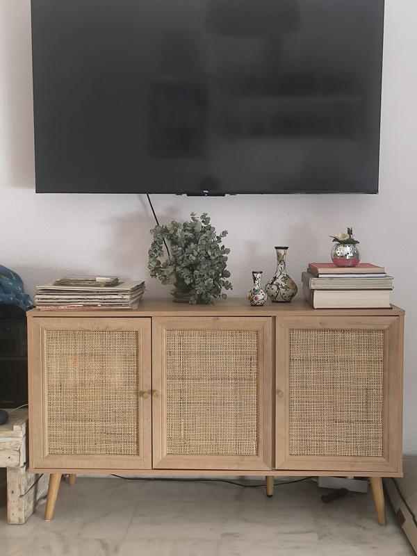 Buffet De Salon En Cannage 120 X 76 X 40 Cm - Style Bohème - 3 Portes, 2 Niveaux - Rangement élégant Pour Salle à Manger, Entrée - 10