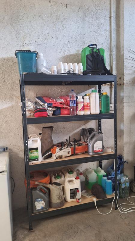 Scaffale Portautensili A Muro W-17 – 4 Ripiani In Metallo 120x25 Cm, Con Ganci E Supporti Aggiuntivi, Per Garage E Officina