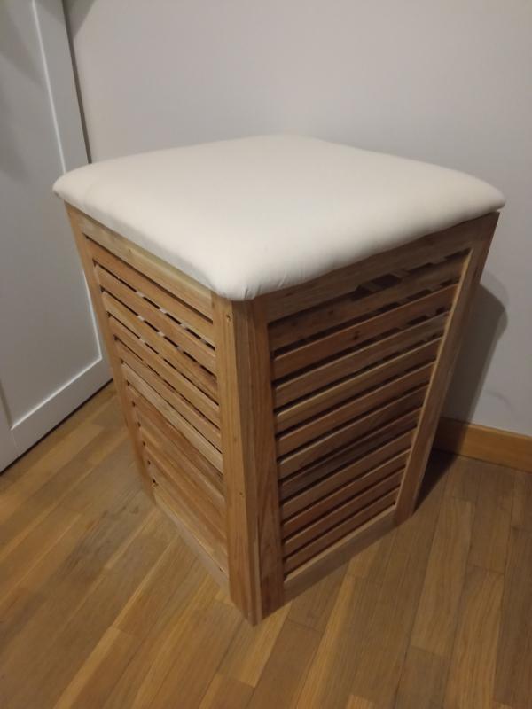Panier à Linge Avec Coussin D'assise Fondi - Bois D'acacia Massif, 55 Litres, Housse Coton Beige, 40x56x40 Cm
