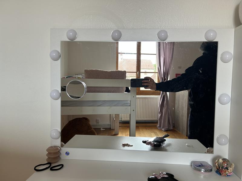 LEMROE Coiffeuse avec Miroir et Tabouret, Table de Maquillage, Coiffeuse avec Hollywood LED Miroir, 2 Tiroirs, Meuble de Chambre