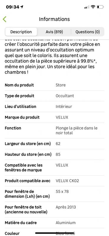 VELUX - Store d'occultation,télécommandé solaire bleu foncé 769mm x