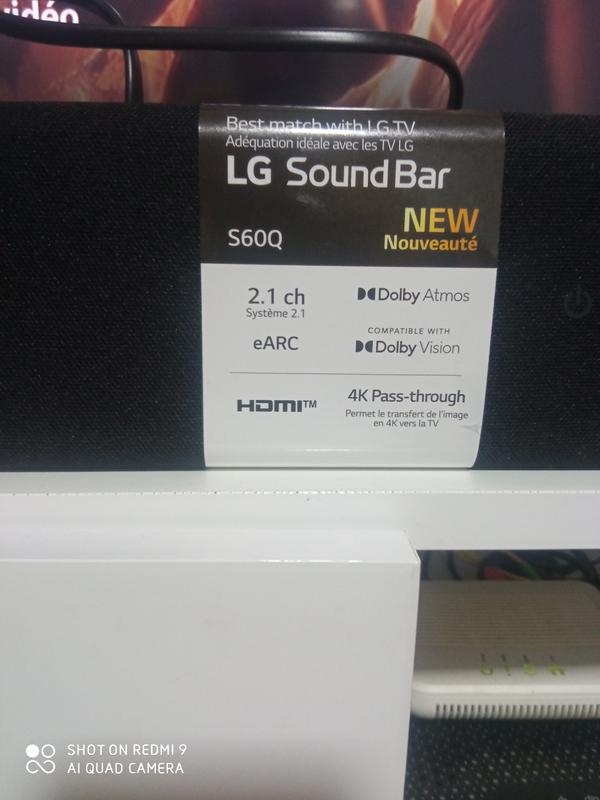 Barra de sonido Inteligente LG S60Q con 300W de potencia y 2.1 canales.  Disfruta del Sonido envolvente del cine Dolby Atmos Virtual. Amplia  conectividad con HDMI ARC Pass Through, Bluetooth, USB, entrada
