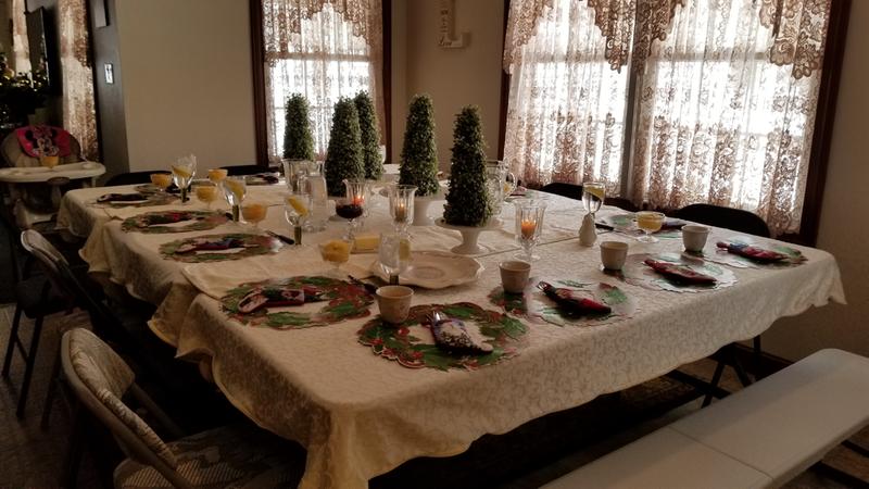 Two 6 foot Lifetime tables + one Lifetime bench= everyone is seated together for Christmas dinner!