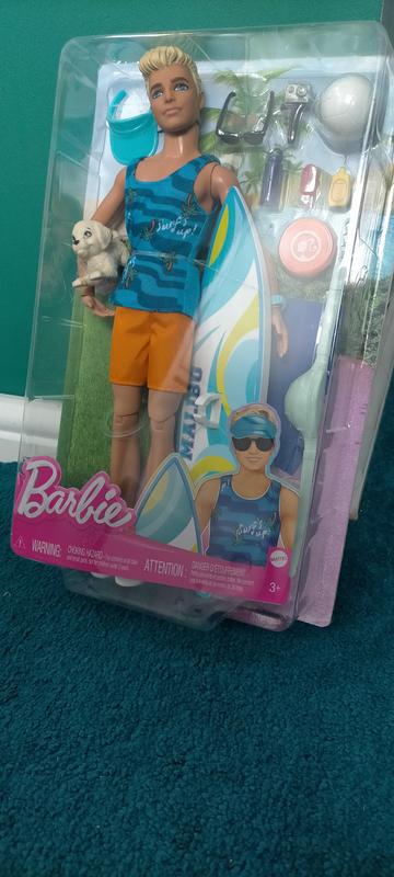 Barbie– Plage – Poupée brunette articulée, planche de surf et chiot 