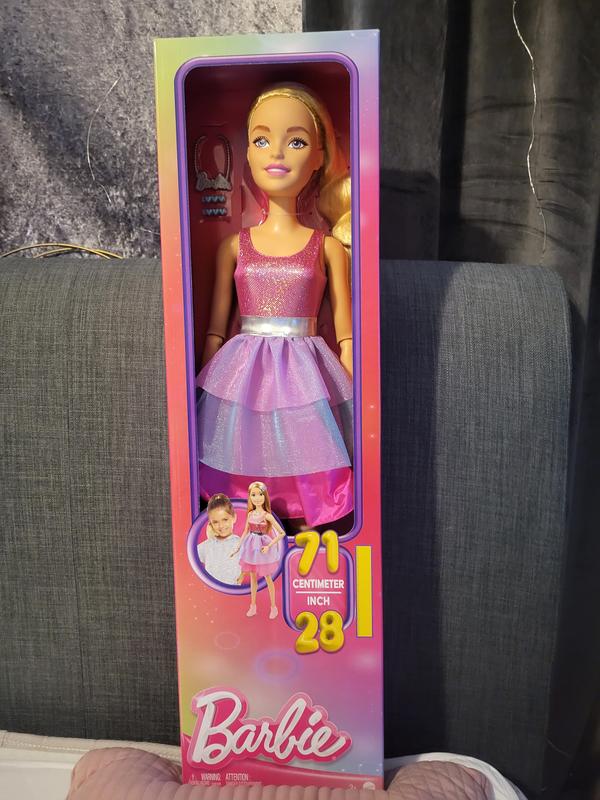 Bambola Barbie grande, alta circa 71 cm, con capelli biondi e abito rosa  scintillante, HJY02