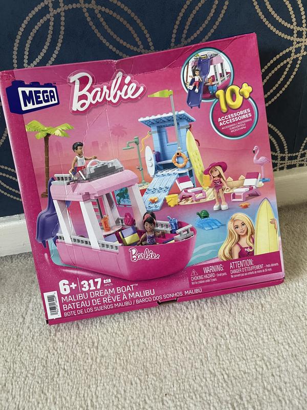 Barbie MEGA Boat Building Toys Playset, Malibu Dream Boat With 317 Pieces,  2 Pets, 3 Micro-Dolls and Accessories, Pink, 6+ Year Old Kid