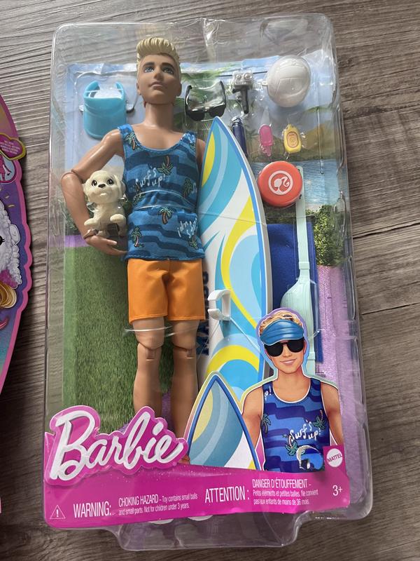 Barbie– Plage – Poupée brunette articulée, planche de surf et chiot 