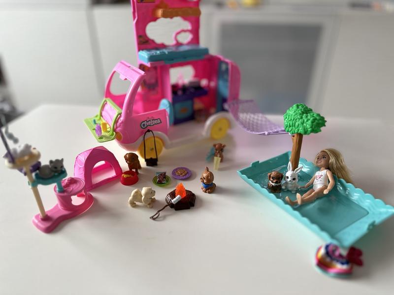 Barbie Camper, Chelsea 2-in-1 Camper Playset with 2 Pets & 15 Accessories