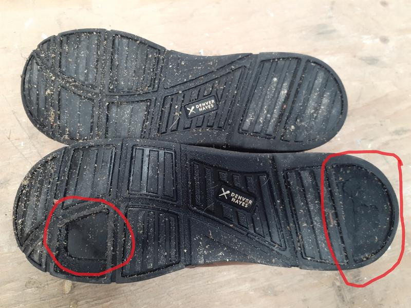 Note the good shoe and shoe missing pieces circled.