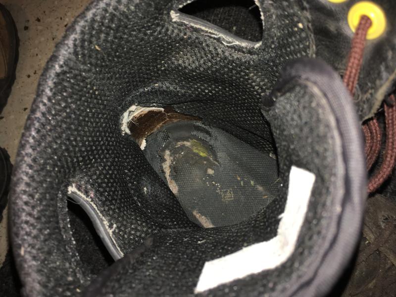 Wore out the inside heal. Both boots are like this. Replaced insoles for maintenance.