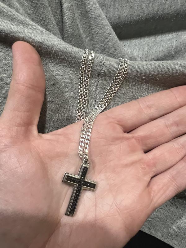 Men's Silver Cross Necklace with 0.30 Carat TW of Black Diamonds