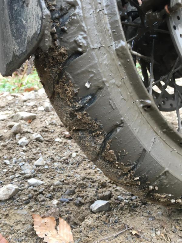 Front tire; you can tell the sipes are already rejecting the debris just feet out of the mud patch we rode through.