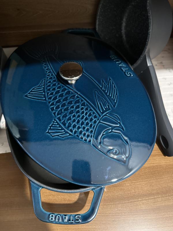 Staub Cast-Iron Oval Gratin Dish with Sea Bass Embossed Lid