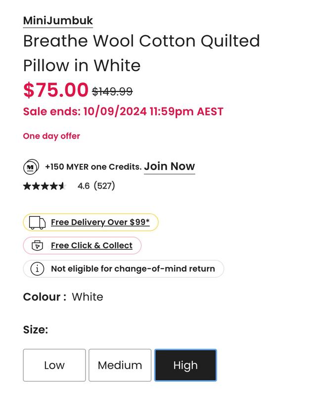MiniJumbuk Breathe Wool Cotton Quilted Pillow in White MYER