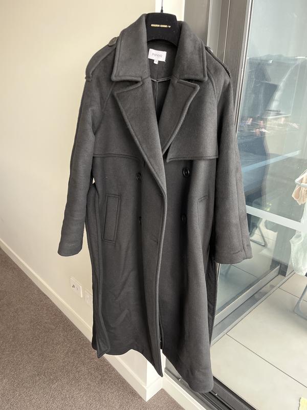 Piper Double Breasted Tie Front Heavy Coat in Black MYER