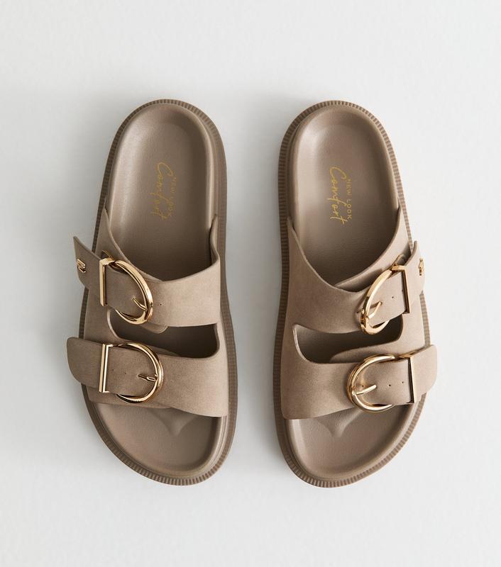 Wide Fit Brown Faux Leather Buckle Strap Sandals | New Look
