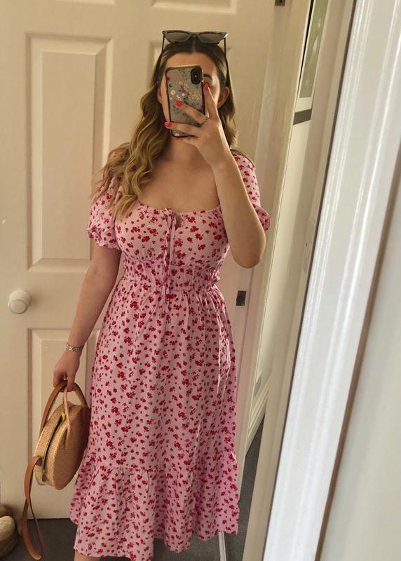 Off White Floral Square Neck Tiered Midi Dress New Look