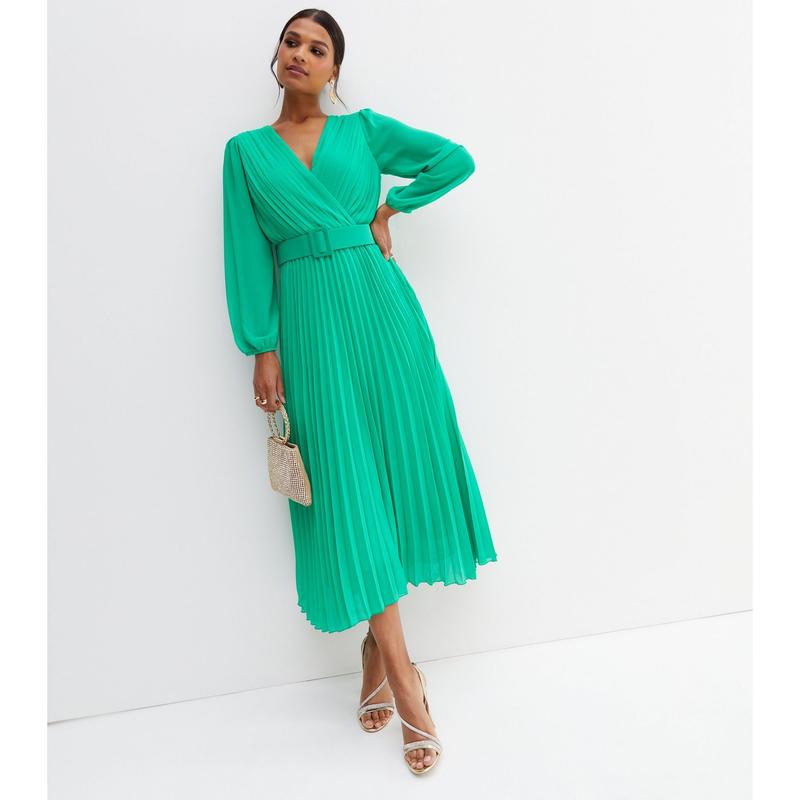 Green Chiffon Pleated Belted Midi Wrap Dress New Look