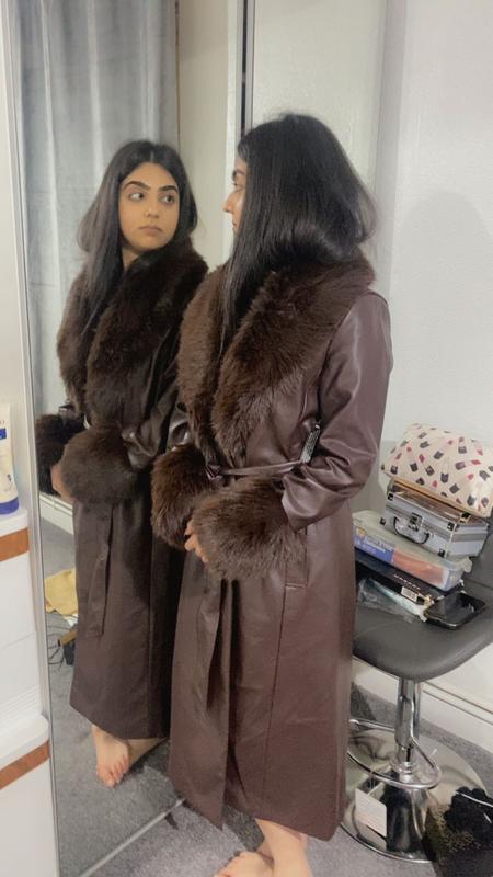 Faux Fur Trim Belted Coat