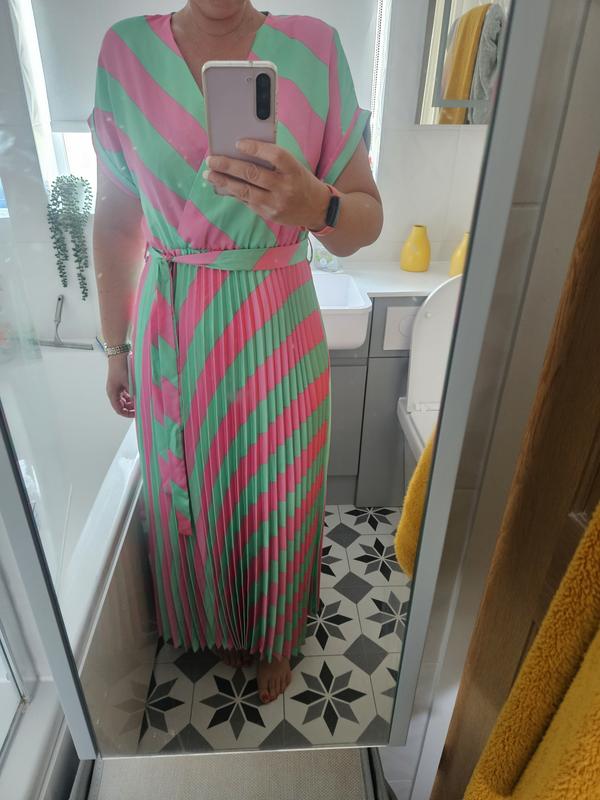 Green Stripe Satin Pleated Midaxi Wrap Dress New Look