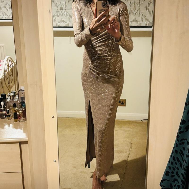 Gold Sequin Wrap Long Sleeve Midi Dress | New Look