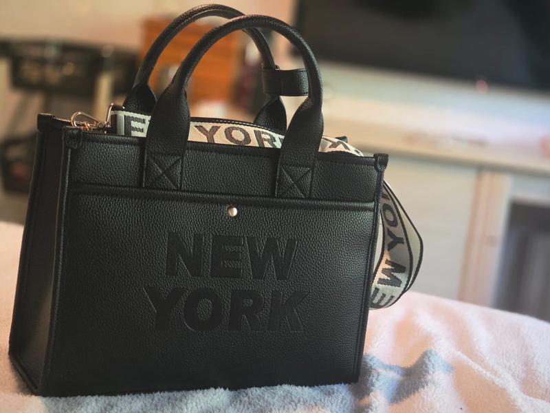 Black New York Grained Faux Leather Tote Crossbody Bag | New Look
