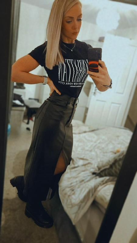 Tall Black Leather Look Split Hem Midi Skirt New Look