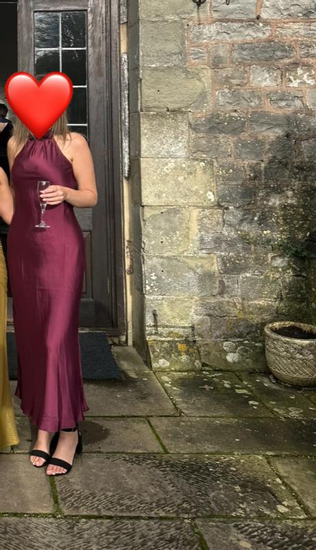 Dark Burgundy Satin Halterneck Midi Dress | New Look