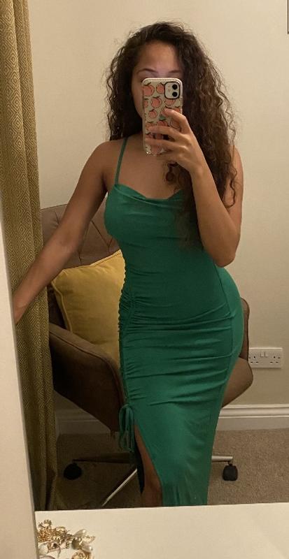 You're My Type Cowl Neck Ruched Bodycon Midi Dress in Green