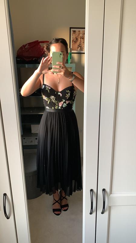 Black Floral Embroidered Bustier Strappy Midi Dress | New Look