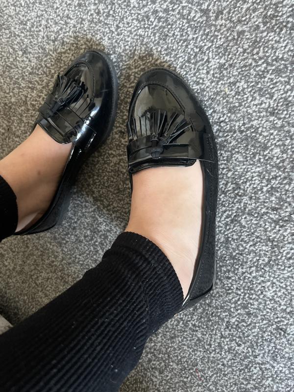 Black Patent Tassel Trim Loafers New Look