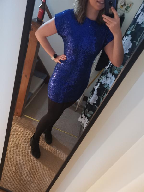 Blue Sequin Detail Round Neck Cap Sleeve Mini Dress New Look