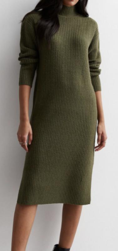 Dark Grey Ribbed Knit High Neck Midi Dress | New Look