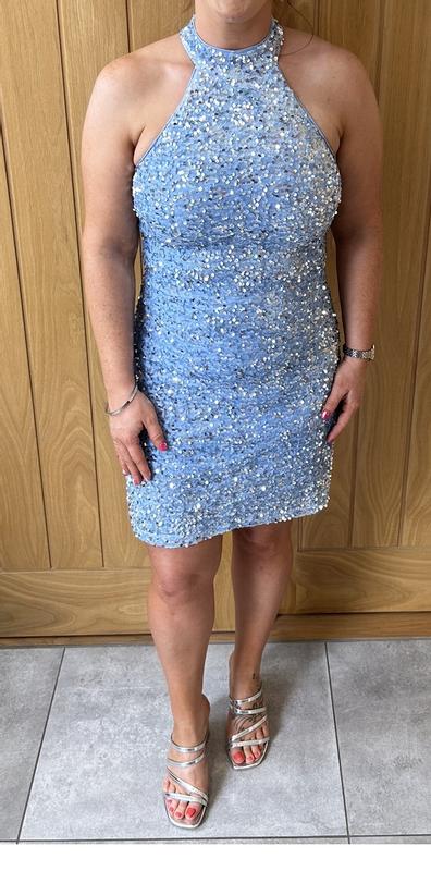 Pale Blue Sequin Halter Neck Mini Dress